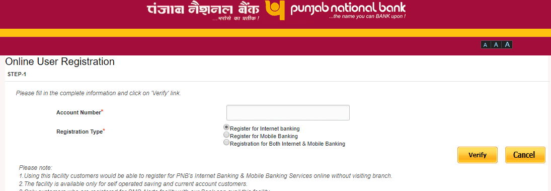 PNB netbanking registration - 2